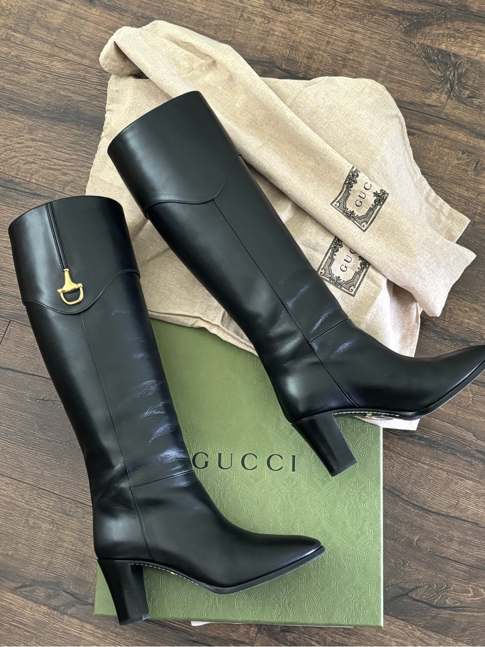 Gucci Elizabeth Black Leather Knee High Boots Gold-Tone Half Horsebit